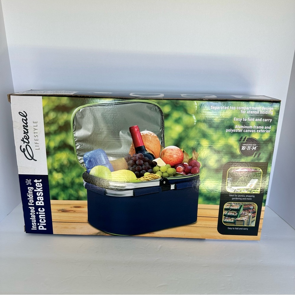 Eternal Lifestyle Insulated Folding Picnic Basket Navy Blue 18x11x14 Cooler Tote - Picture 4 of 17